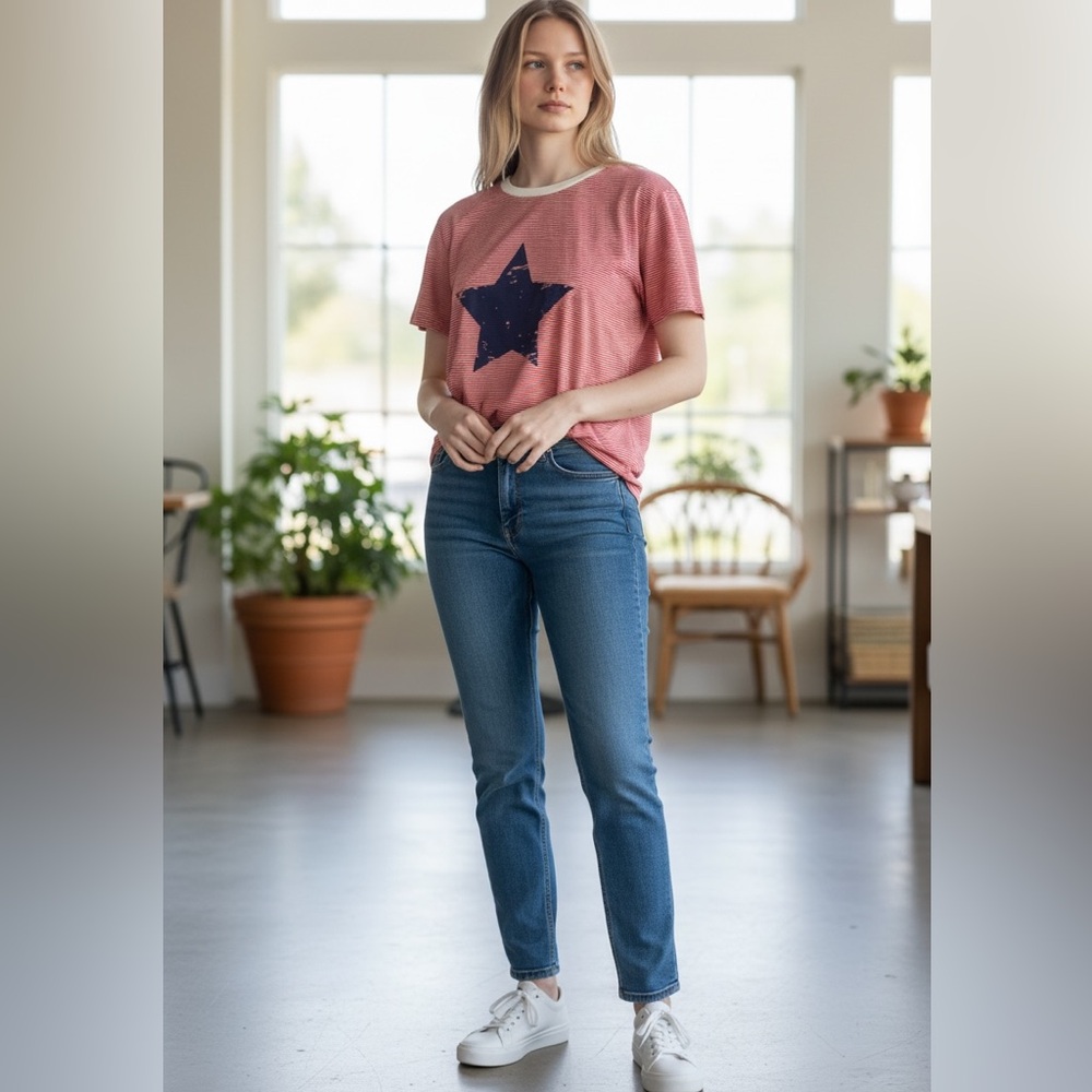 Doe & Rae Red & White Striped Graphic Star Tee – NWOT (Size Medium)